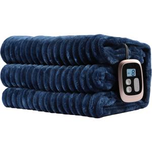 Electric Heated Blanket Full-Size 72x84 Inch - Ultra Soft Silky Flannel with Ribbed Texture, 10 Heating Levels and 12 Hours Auto-Off Feature - Navy Blue (202-dark Blue)