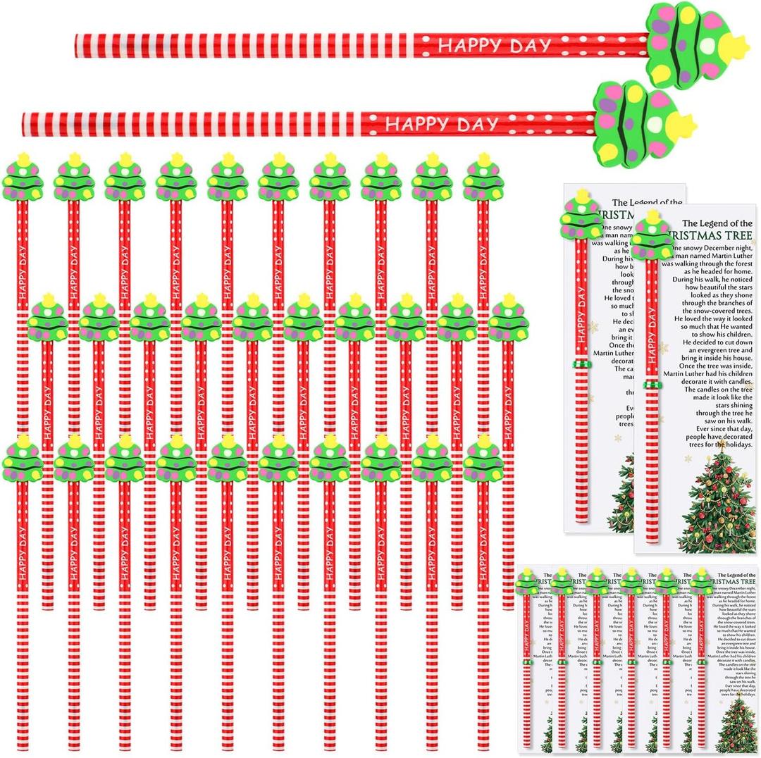 50 Sets Christmas Pencils Bulk Include Christmas Candy Cane Pencil with Xmas Tree Eraser Toppers The Legend of and The Xmas Tree Cards for Holiday Party Favor