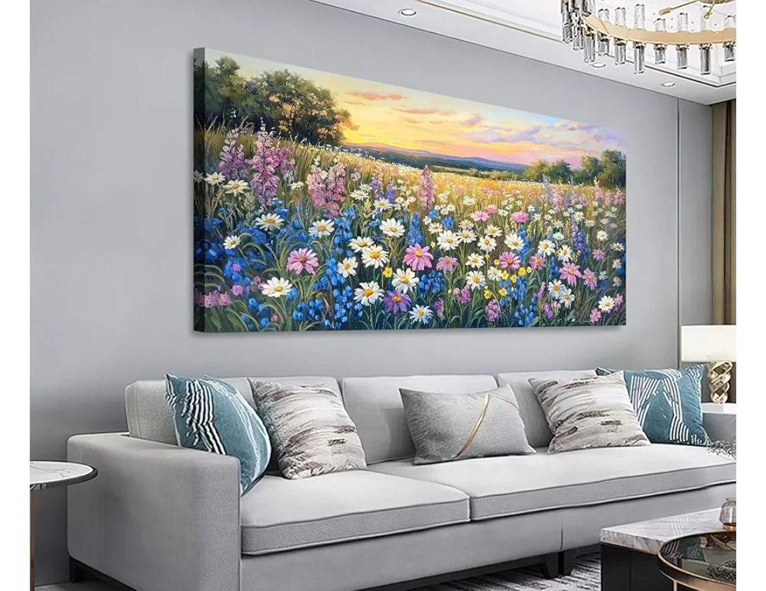 Shoci Large Landscape Wall Art - Sea of Colorful Flowers Canvas Picture for Living Room Rustic Floral Field Painting Prints Decor Warm Natural Scenery Artwork Wall Art for Bedroom Decoration 24" X 48"