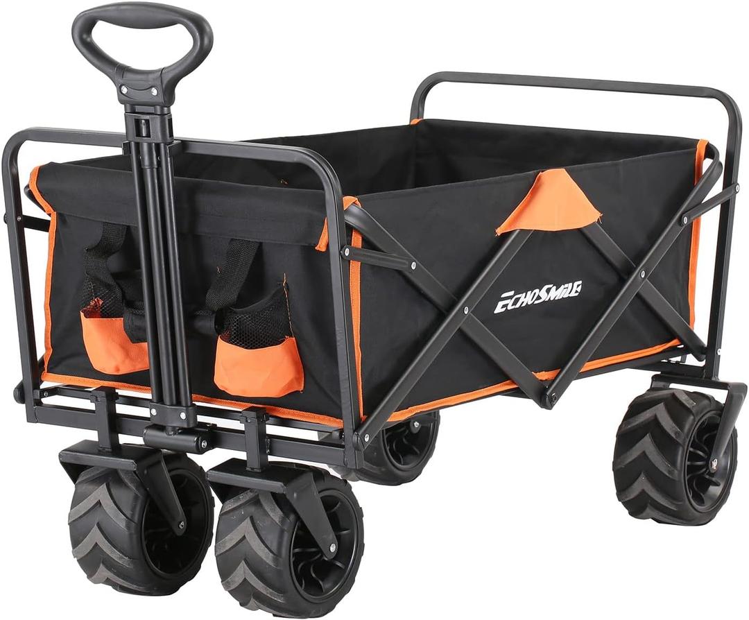 EchoSmile Heavy Duty 350 Lbs Capacity Collapsible Wagon, Outdoor Folding Camping Grocery Portable Utility Cart, Adjustable Rolling Carts, All Terrain Sports Wagon with Big Wheels (BlackOrange)