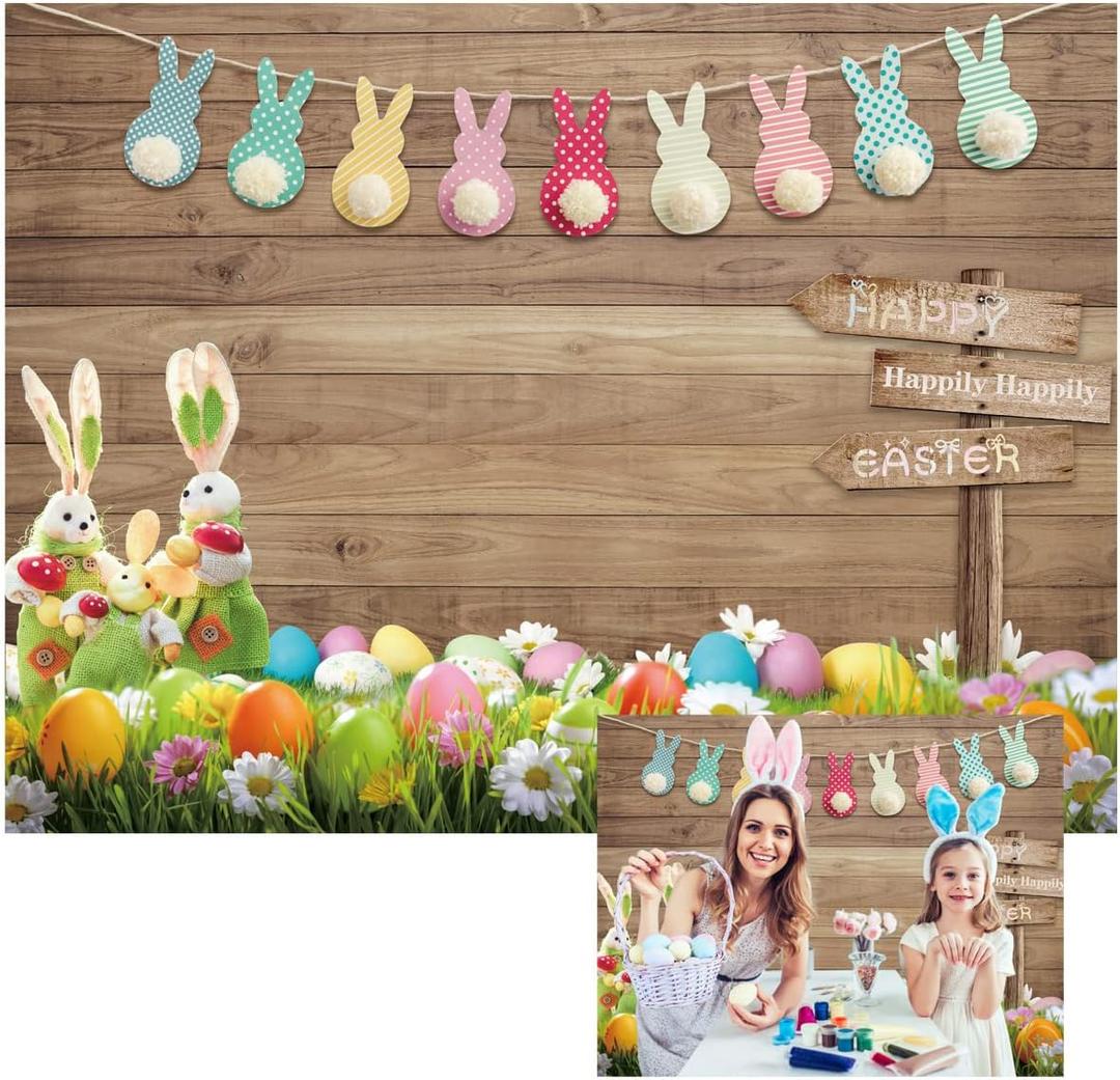 7X5FT Spring Happy Easter Theme Photography Backdrop Rustic Wood Wall Background Bunny Colorful Plumeria Flowers Baby Kid Portrait Party Decoration Banner Photo Booth Studio DH-174