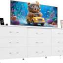 WLIVE 63''W Dresser for Bedroom, White Dresser TV Stand for 65, 70, 75 inch TV, Wide Chest of Drawers with 9 Drawer, Large Entertainment Center, Fabric Dressers with Wood Top for Closet, Living Room, Enlarged Size