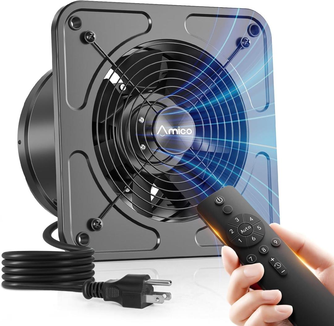 Amico 8 inch Kitchen Exhaust Fan with Remote, 686 CFM High Airflow Extractor Fan, Energy Efficient 29W EC Motor Ventilation Fan for Garage, Attic & Greenhouse, 9-Speed, Timer, Low Noise 50dB,FCC,Black