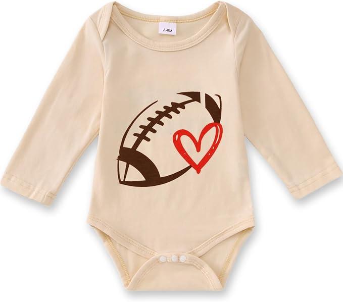 Infant Baby Boy Girl Football Onesie Funny Football Heart Graphic Romper Bodysuits Cute Game Day Long Sleeve Outfit, 6-12 M