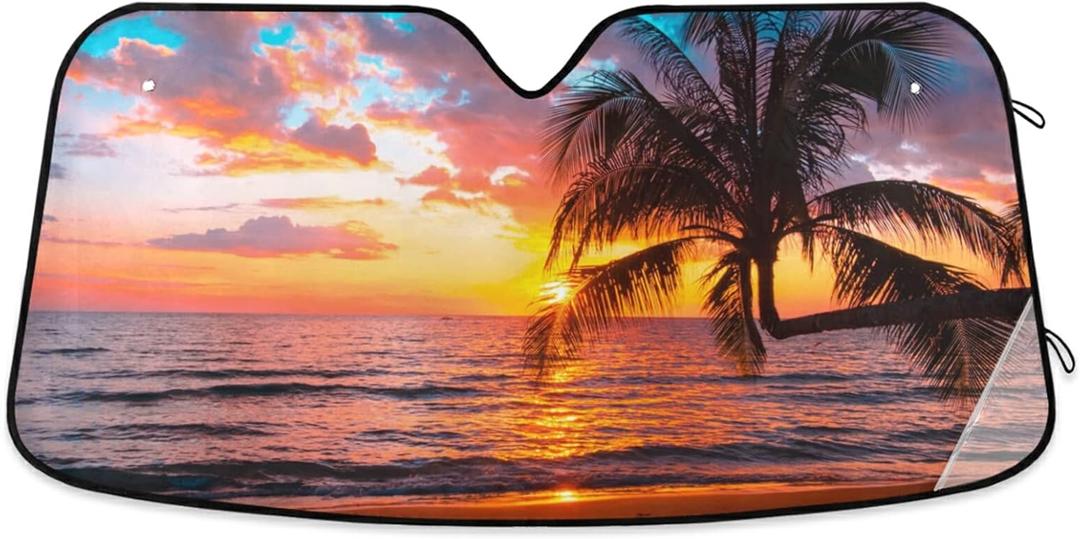 Palm Trees Beautiful Sunset on The Tropical Sea Beach Car Windshield Sun Shade Blocks UV Rays Sun Visor Protector Foldable Sun Reflector to Keep Your Vehicle Cool