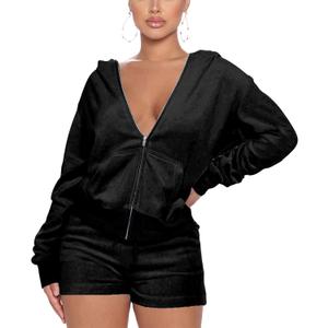 SMSN Women 2 Piece Outfits Sweatsuit Shorts Sets, Velvet Tracksuit Long Sleeve Hooded Zipper Jacket Casual Sweat Set (XX-Large, Black)