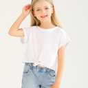 Girls Crop Top Trendy Summer Tees Casual Short Sleeve Cute Blouse White T Shirts for Kids 6-15 Years (White)