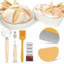 Complete Sourdough Bread Proofing Kit-Premium 9 Round & 10 Oval Banneton Baskets with Linen Liners, Danish Whisk, Dough Scraper, Cutter, Silicone Brush & Bread Lame for Artisan Baking & Fermentation (Includes 2 Bread Baskets and 1 Brush)