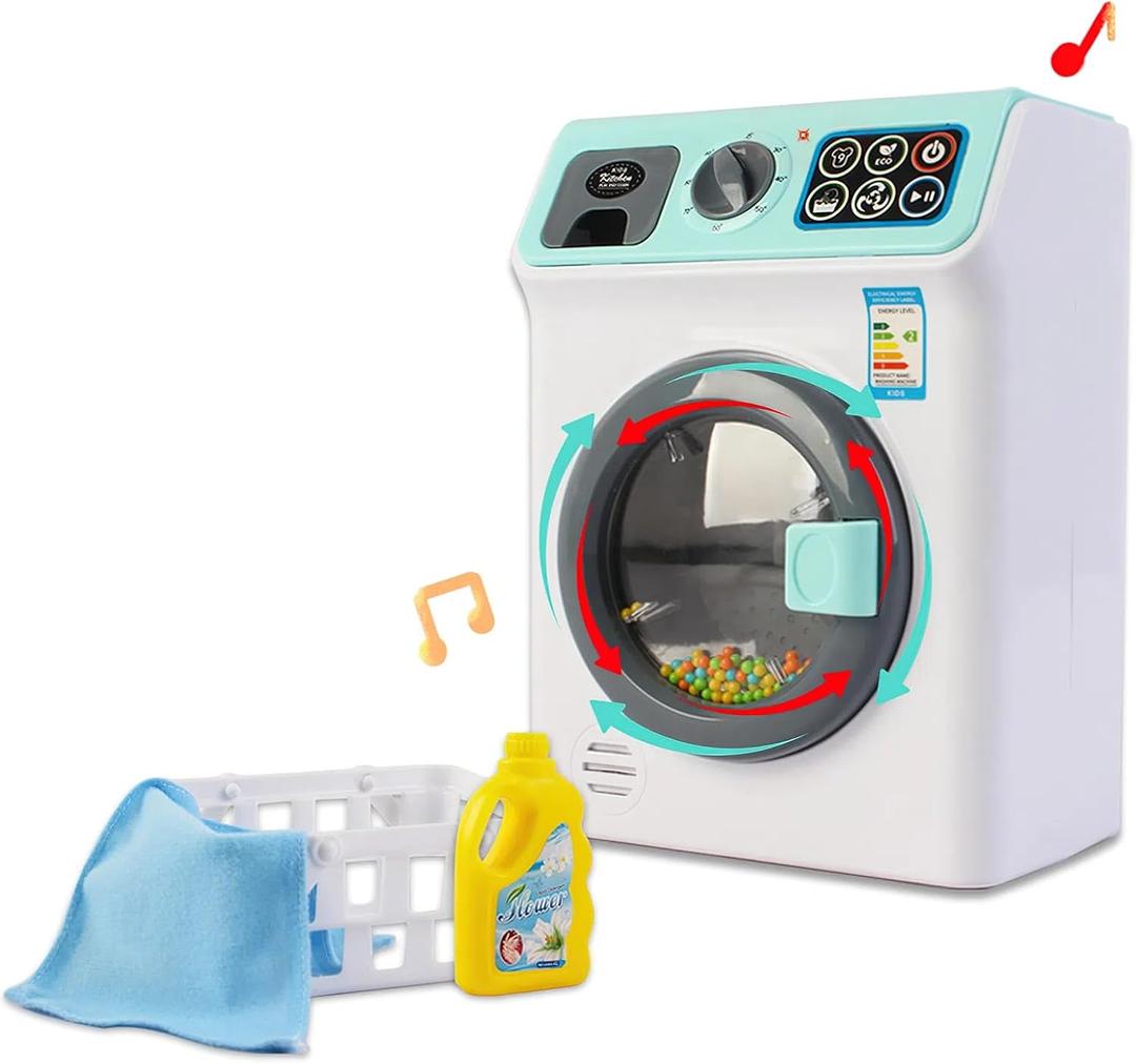 DeAO Toy Washing Machine Kids Dollhouse Furniture Toy Washer Pretend Play Household Appliance Realistic Sounds Laundry Play Set with Rotatable Roller for Boys Girls (Blue) (White)