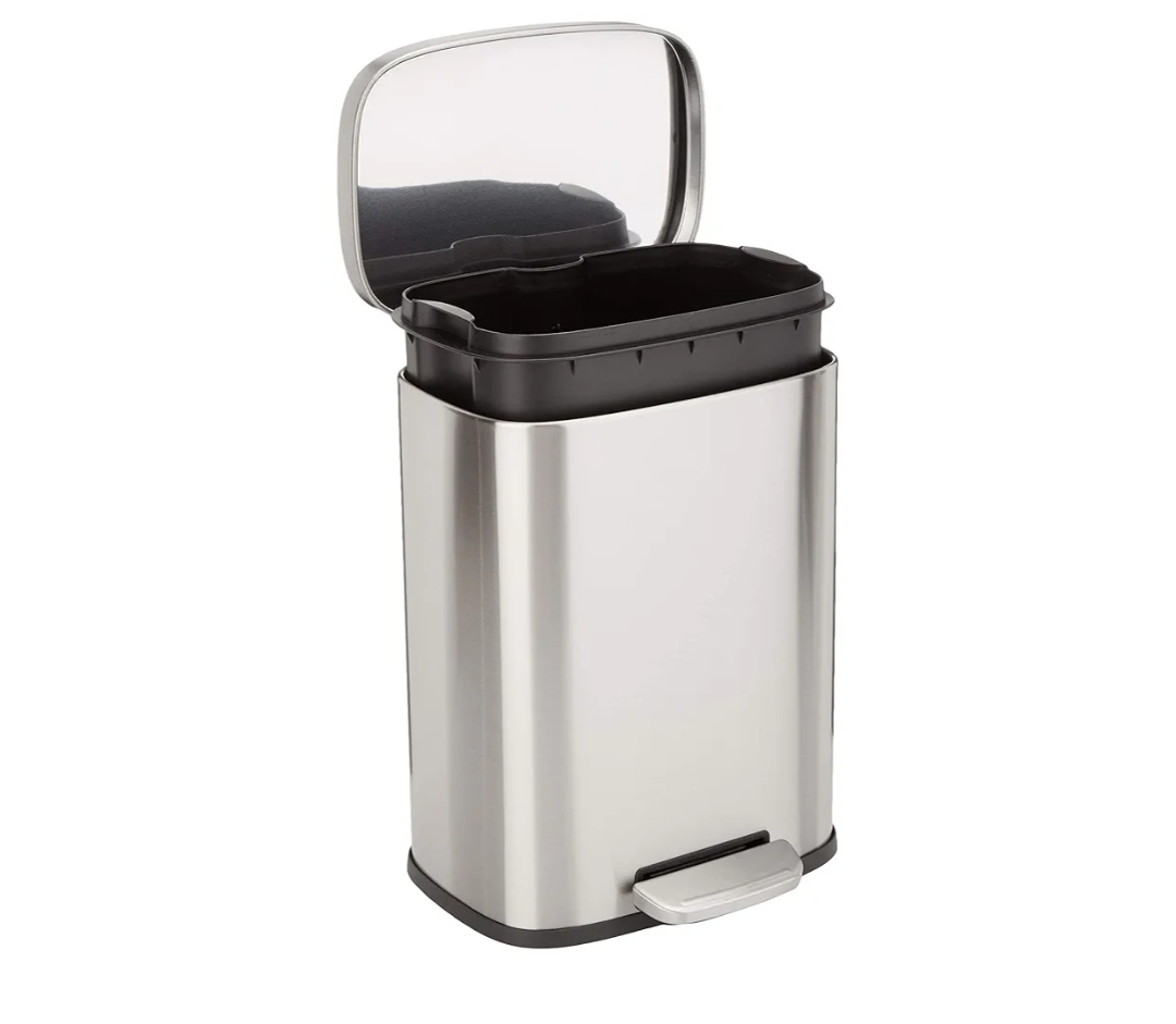 Amazon Basics Smudge Resistant Small Rectangular Trash Can With Soft-Close Foot Pedal, Brushed Stainless Steel, 12 Liter/3.1 Gallon, Satin Nickel Finish, 11.3"L x 9.9"W x 15.1"H