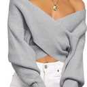 BTFBM Off The Shoulder Sweater for Women Winter Fall Fashion 2026 V Neck Long Sleeve Ribbed Knit Wrap Cropped Sweaters (Large, Grey)