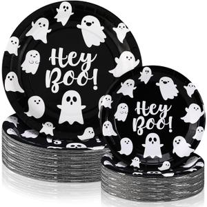 48 Pcs Halloween Hey Boo Paper Plates Set Include 9 Inch Ghost Disposable Dinner Plates 7 Inch Scary Dessert Plate Tableware for Halloween Birthday Party Supplies
