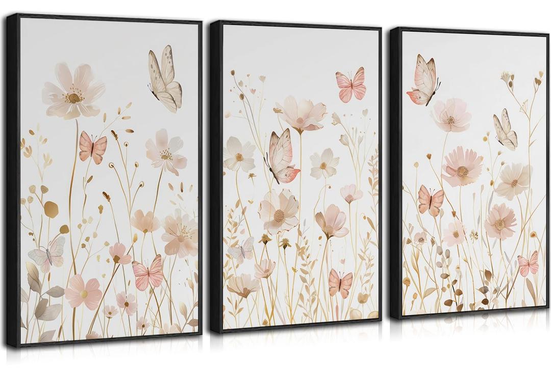 3Pcs Nursery Wildflower Wall Art Pink Floral Canvas Poster Prints Neutral Toned Botanical Painting Flower Butterfly Picture Wall Decor for Living Room Bedroom Dining Room Office 12x16in Unframed