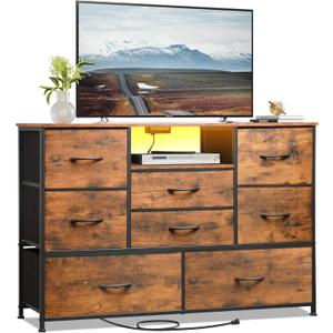Dresser TV Stand with 8 Drawers, Dresser TV Stand with LED Lights & Power Outlets, Bedroom Dresser, Chest of Drawers for 55'' Long TV, Wide Fabric Dresser (Rustic Brown)