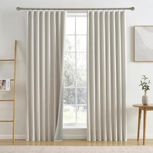 Natural Birch 90 Inch Long Extra Wide Linen Blackout Curtains for Large Windows, Back Tab Pleated Drapes with Hooks Track System Curtain Panels Room Divider Curtains for Patio Sliding Door 70 x 90