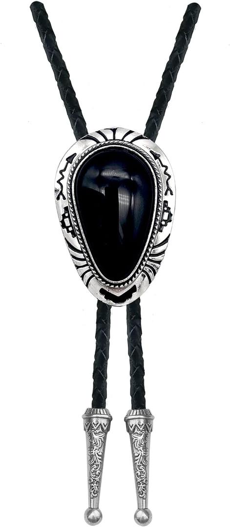 Stone Bolo Tie Native Western Cowboy Handmade Hand-woven Leather Bola Tie Necktie For Men Women (Black)