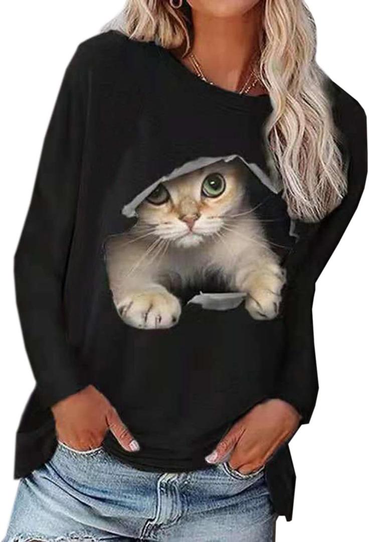 futurino Women's Long Sleeve T-Shirt Round Neck Pullover Cat Print Loose Top (XL)