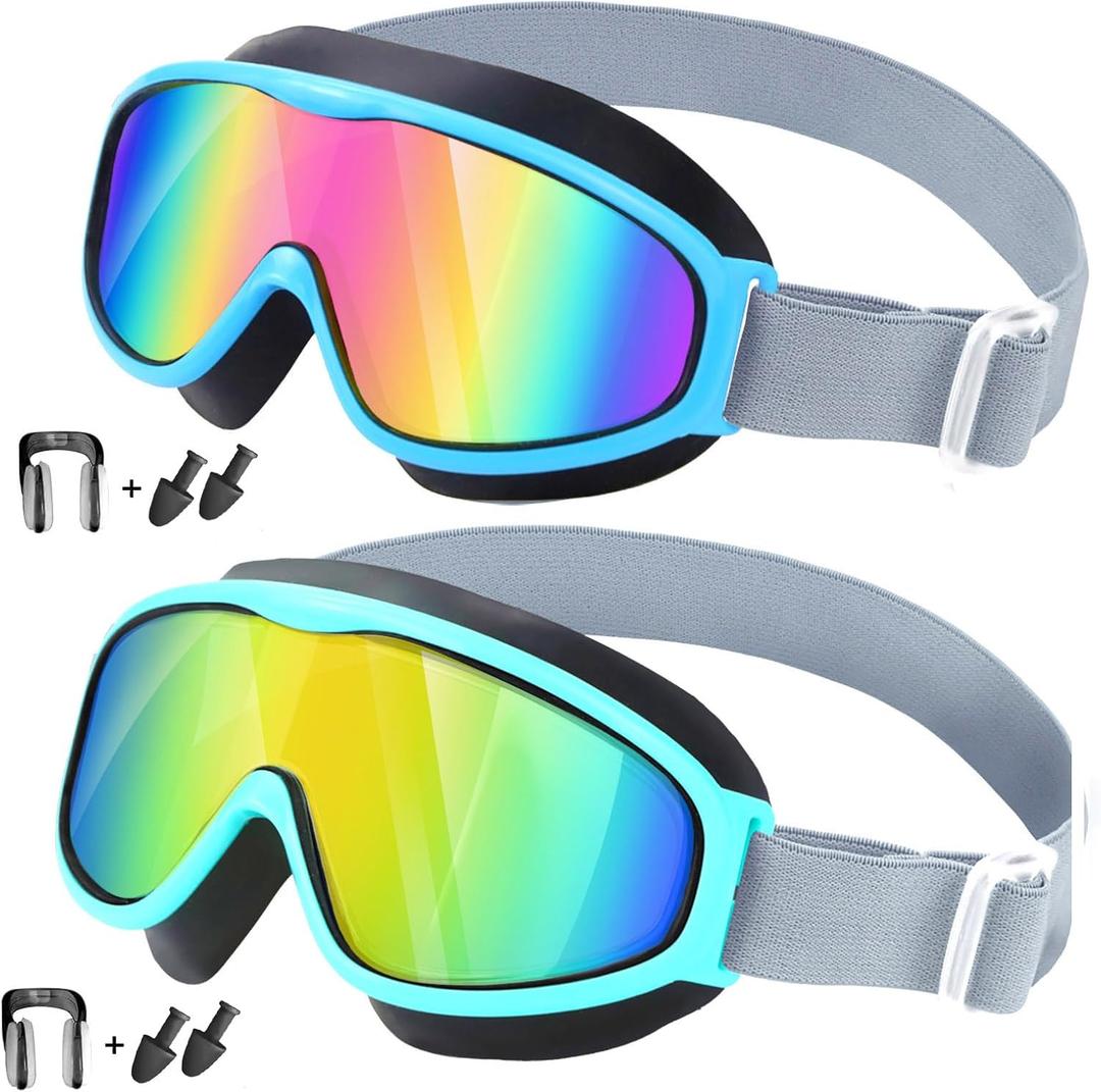 Vvinca Kids Goggles with Comfort Fabric Strap, Kids Swim Goggles Wide View Anti-Fog/UV No Leaking Swimming Goggles for 3-14 (Black Green)