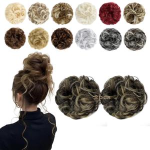 2 PCS Messy Bun Hair Piece Wavy Curly Scrunchies Synthetic Chignon Ponytail Hair Extensions Thick Updo Hairpieces for Women Girls(Dark Brown Mix Ash Blonde)