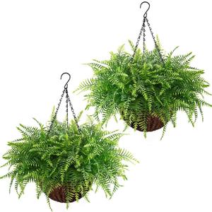 Waipfaru Fake Hanging Fern Plants Outdoor - 2 Pack UV Resistant Artificial Outdoor Hanging Plants, Realistic Faux Greenery Fern for Patio Front Porch Garden Home Decor