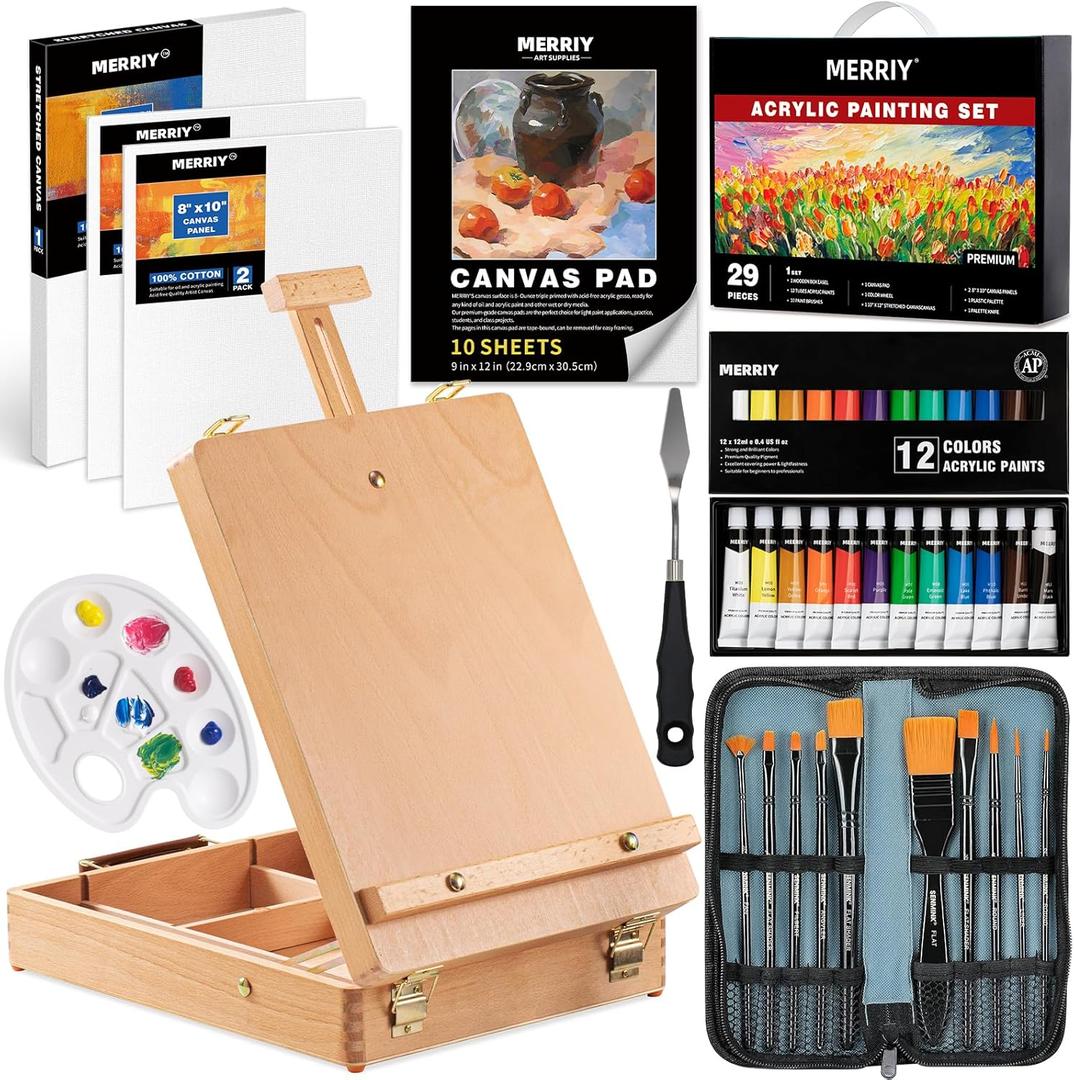 MERRIY Artist Acrylic Paint Set, Painting Supplies Kit with Tabletop Sketch Box Easel, 12 Colors Acrylic Paints,10"x 12" Stretched Canvas,Premium Acrylic Painting Set for Artist Adults, Beginners