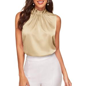 Verdusa Women's Elegant Sleeveless Satin Blouses Tie Back Pleated Dressy Work Tops Business Outfits (Champagne, S)