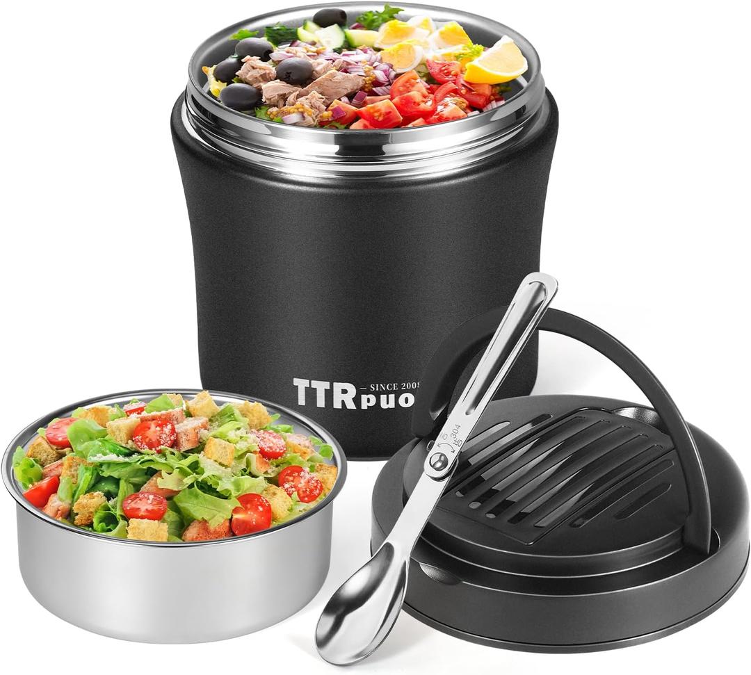 Insulated Food Container Soup Thermo for Hot Cold Food Adults 40 OZ, Stainless Steel lunch box, Wide Mouth Thermo Jar with Folding Spoon and Handle (BLACK)