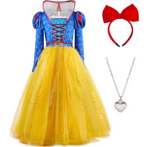 Princess Costume for Girls Princess Snow Cosplay Dress Halloween Dress Up with Headband Necklace (6Years-8Years, Yellow)