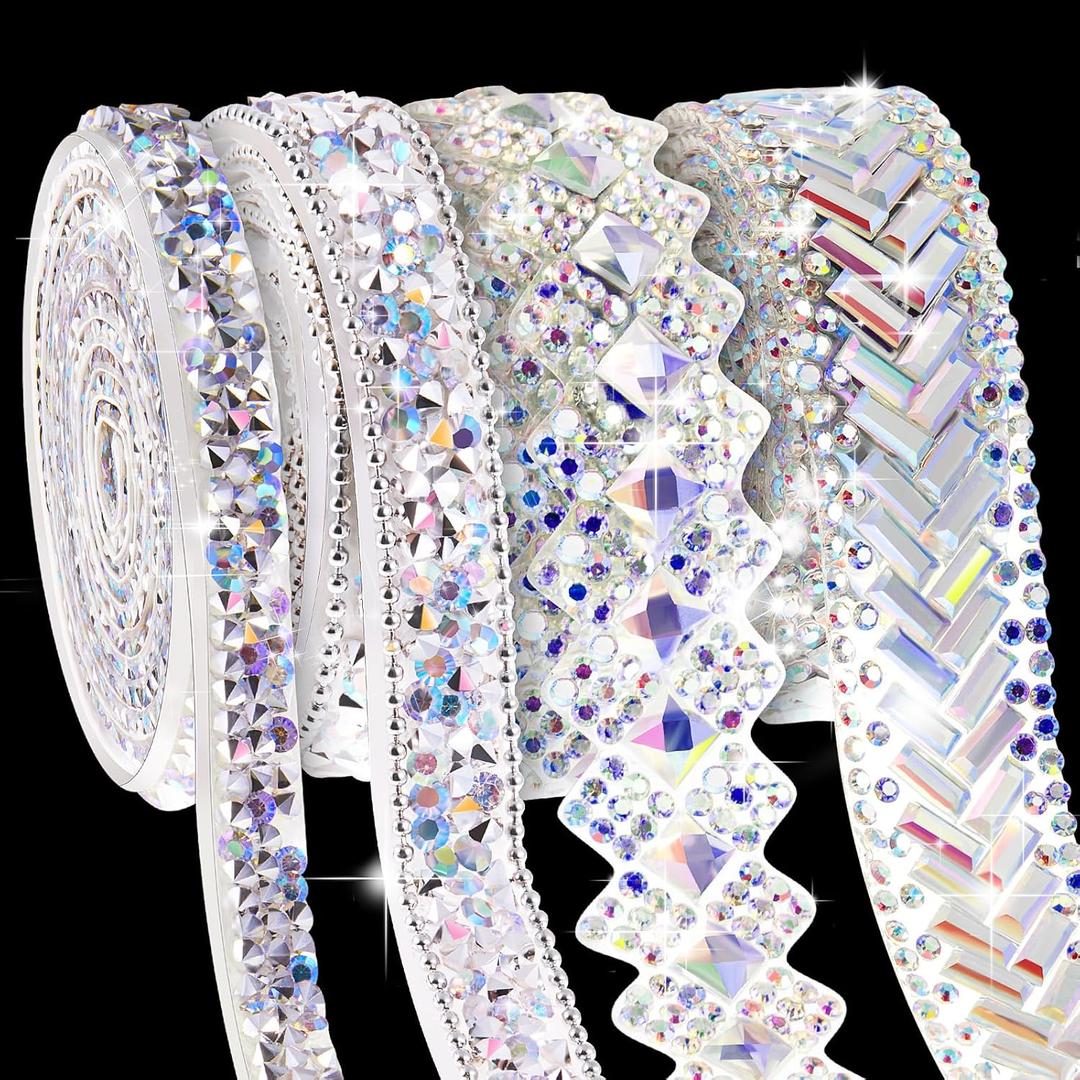 Juexica 4 Yards Self Adhesive Rhinestone Ribbons 4 Styles Rhinestone Diamond Roll Bling Ribbon Glitter Resin Diamond Belt for Home Clothing DIY Craft Wedding Baby Shower Event(Silver-AB,Classic)
