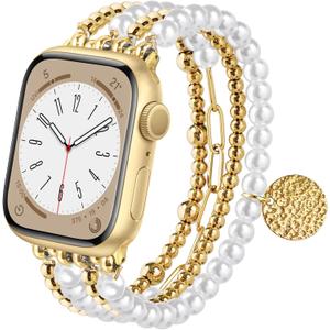 CAGOS Bracelet Beaded Compatible with Apple Watch Band, Cute Handmade Fashion Elastic Stretchy iWatch Bands for Women (Gold, 42mm/44mm/45mm/46mm(Series 10)-(5.3"-6.2"))