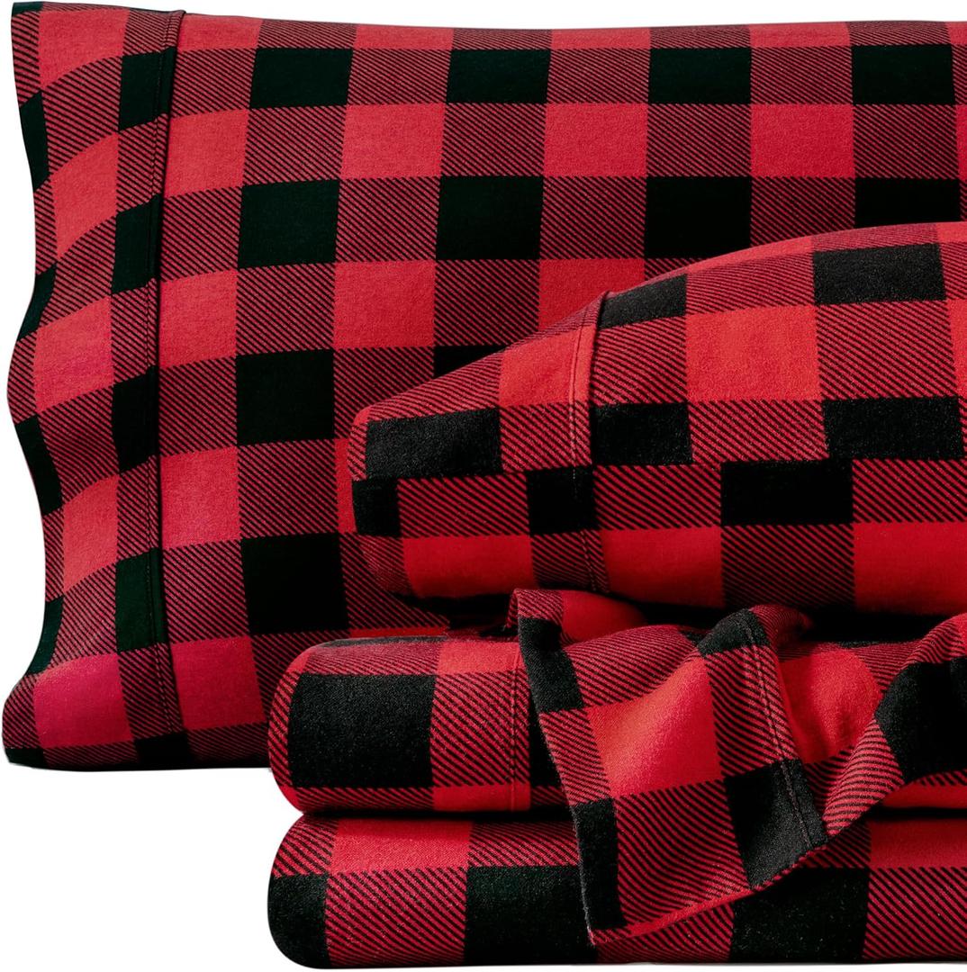 Bare Home Flannel Sheet Set Prints, 100% Cotton, Velvety Soft Heavyweight - Christmas Holiday Sheets - Double Brushed Flannel - Extra Softness, Comfort - Deep Pocket (Queen, Buffalo Plaid - Red/Black)