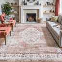 DEXI Area Rugs for Living Room, 8x10 Washable Low Pile Vintage Traditional Rug for Bedroom, Non Slip Large Indoor Carpet for Dining Office Nursery, Pink White