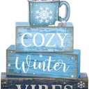 Lineshading 4 Pcs Winter Table Decoration Wooden Hot Cocoa Decor Winter Tiered Tray Decor Christmas Centerpiece Rustic Decorative Hot Cocoa Block Sign Farmhouse Christmas Decoration for Home Kitchen