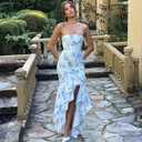 Women's Sexy Strapless Backless High Split Long Maxi Dress Ruched Off Shoulder Sleeveless Bodycon Party Cocktail Dresses