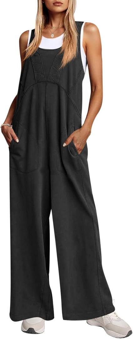 Cicy Bell Women's Casual Loose Overalls Jumpsuits One Piece Sleeveless Tank Tops Wide Leg Long Pant Rompers With Pockets (Black, XXL)