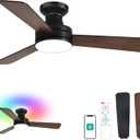 Orison Ceiling Fans with Lights 42 Inch, Low Profile Flush Mount Ceiling Fan, RGB Backlight & Dimmable Lighting, Remote & App Control, 6 Speeds, 3 Reversible Blades, Black/Wood