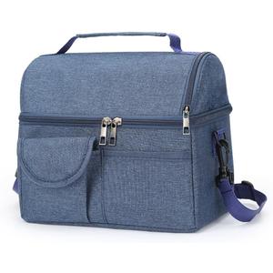 Large Insulated Lunch Bag for Women Men, Insulated Lunch Tote Bag with Adjustable Shoulder Strap, Dual Compartment Lunchbox, Reusable Lunch Cooler Bag for Work, Picnic (Navy Blue)