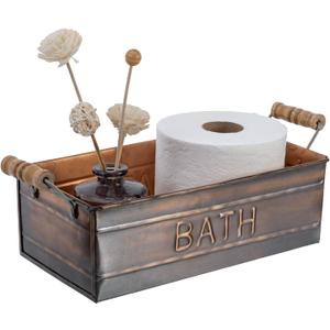 MyGift Copper Bathroom Accessories with Wooden Handles, Vintage Oil Rubbed Bronze Bathroom Toiletries Holder, Organizer Bin with Embossed BATH Label - Handcrafted in India