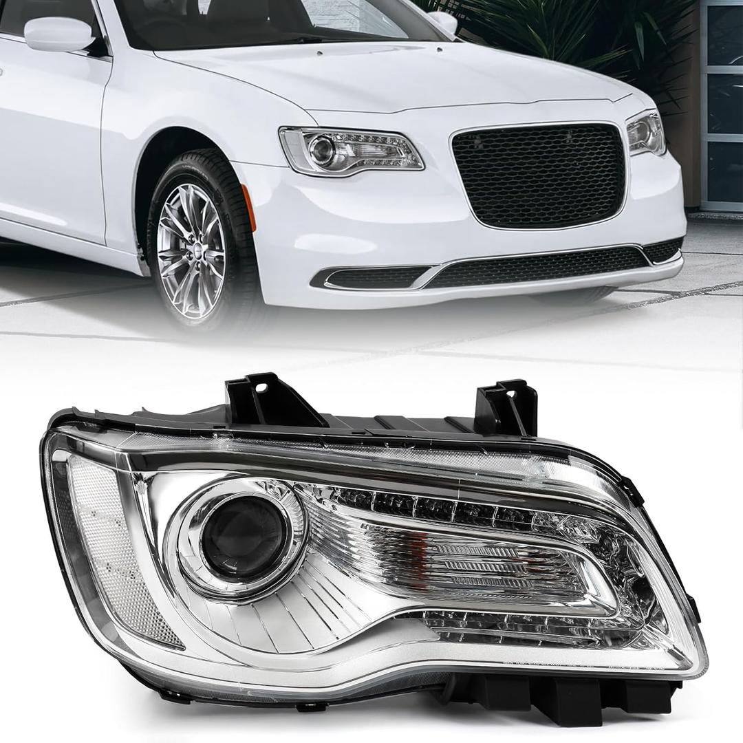 Halogen Headlight Assembly Compatible with Chrysler 300 300C 2015 2016 2017 2018 Headlamp with White Bezel Replacement Right Passenger Side RH 68214382AD CH2503269