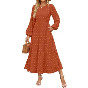ZESICA Women's Spring Long Sleeve Maxi Dresses 2026 Crew Neck Swiss Dot Tiered Flowy A Line Wedding Cocktail Party Dress (Orange)