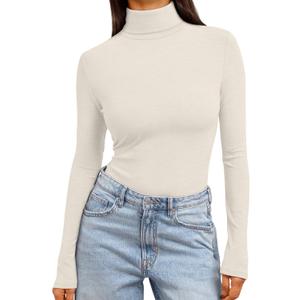 Trendy Queen Women's Turtleneck Long Sleeve Shirts Spring Fashion Basic Thermal Underwear Tops Winter Clothes 2026 (Beige)