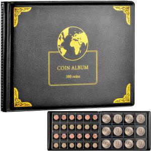Coin Collection Supplies Holder Book for Collectors, 300 Pockets Coin Collection Organizer Storage Box Case Album for 20/25/ 27/30/ 38mm Coin (Earth Pattern Black)