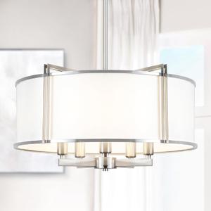 19.6''Drum Chandelier 5-Light Brushed Nickel Modern White Fabric Chandeliers for Dining Room Adjustable Farmhouse Pendant Light Fixture for Kitchen Island Living Room Bedroom