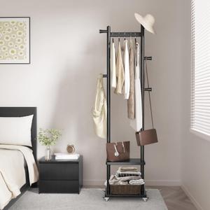 Solid Wood Coat Rack Freestanding Clothing Rack with Wheels & 2 Shelves Storage & 5 Hooks Heavy Duty Clothes Rack Wood Coat Tree Stand Hat Hanger Rack for Corner Bedroom Entryway Living Room Hotel