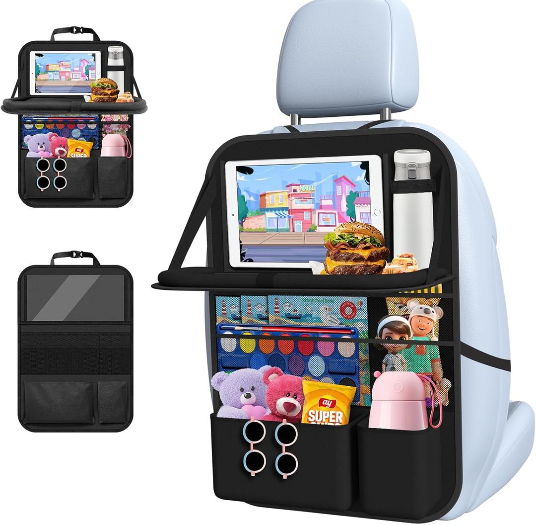 Car Backseat Organizer with table Tray, 9 Storage Pockets Backseat Car Organizer with Tablet Holder, Back seat Organizer for Kids Road Trip Essentials Travel (1Pack) (Black)