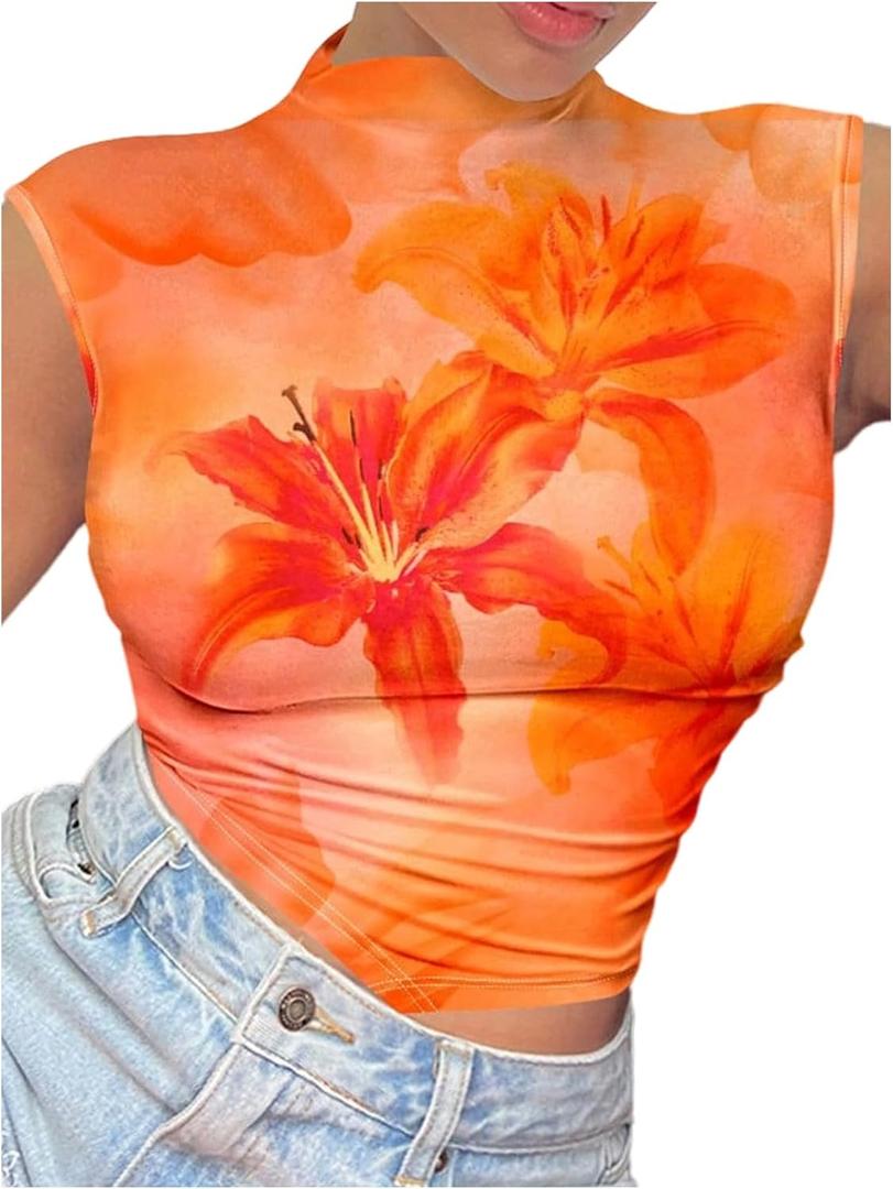 Women's Y2K Floral Graphic Ruched Tank Top Mock Neck Sleeveless Fitted Crop Tops (L)