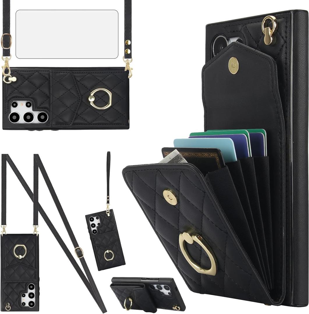 Asuwish Phone Case for Samsung Galaxy S24 Ultra 5G Wallet Cover with Tempered Glass Screen Protector and Wrist Strap Ring RFID Blocking Card Holder Leather Cell S24Ultra 24S S 24 24Ultra Women Black
