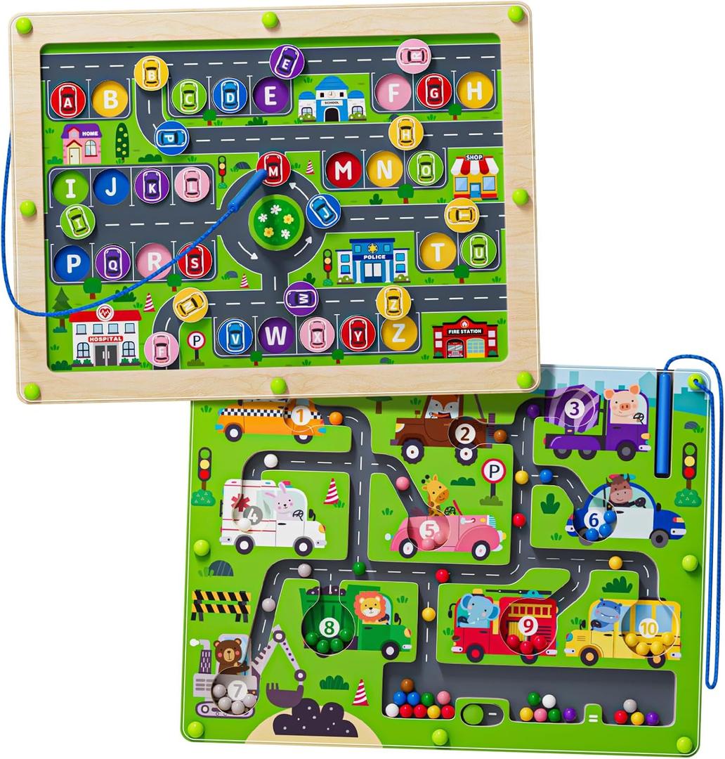 2 in 1 Magnetic Color and Number Maze Double-Sided ABC Alphabet Puzzles Board Magnet Dinosaur Counting Maze Preschool Learning Montessori Education 3 4 5 Years Toys (Car, One Size)
