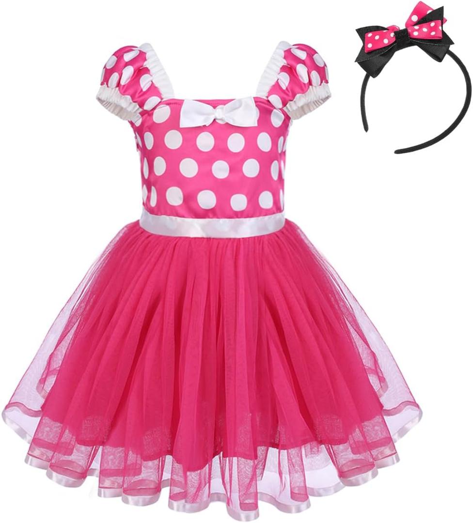 IBTOM CASTLE Girls' Polka Dots Princess Party Cosplay Pageant Fancy Costume Tutu Birthday Dress Up+Ears Headband (12-18 Months, Rose)