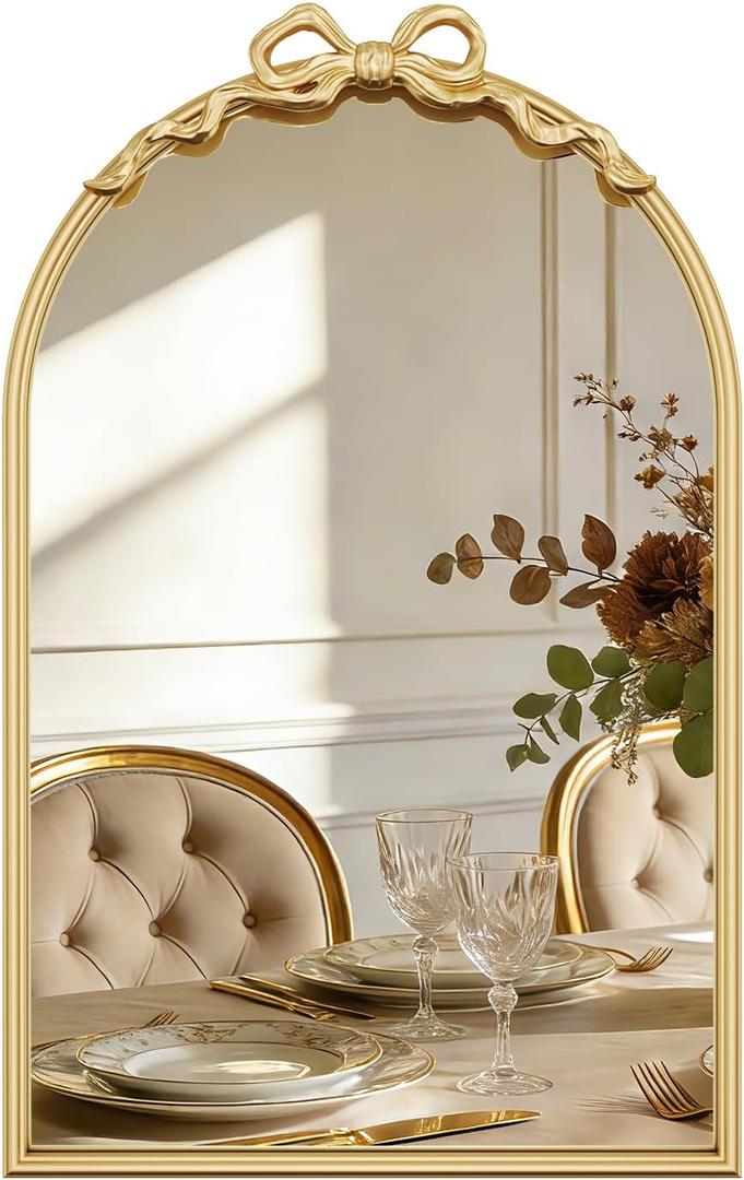 Large Arched Gold Bow Mirror, 36"x24" Vintage Arch Metal Frame Mirror